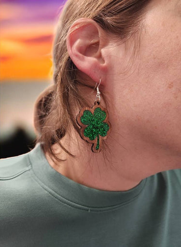 Limited Edition Glitter Clover Wood Earrings – St. Patrick’s Day Special - Dangle Earring - Charm and Char